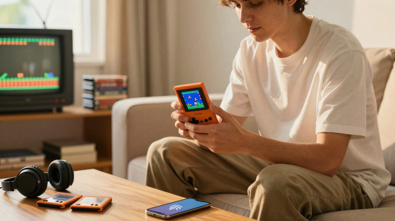 Young man playing a retro handheld video game console in a living room with headphones and smartphone on the table.