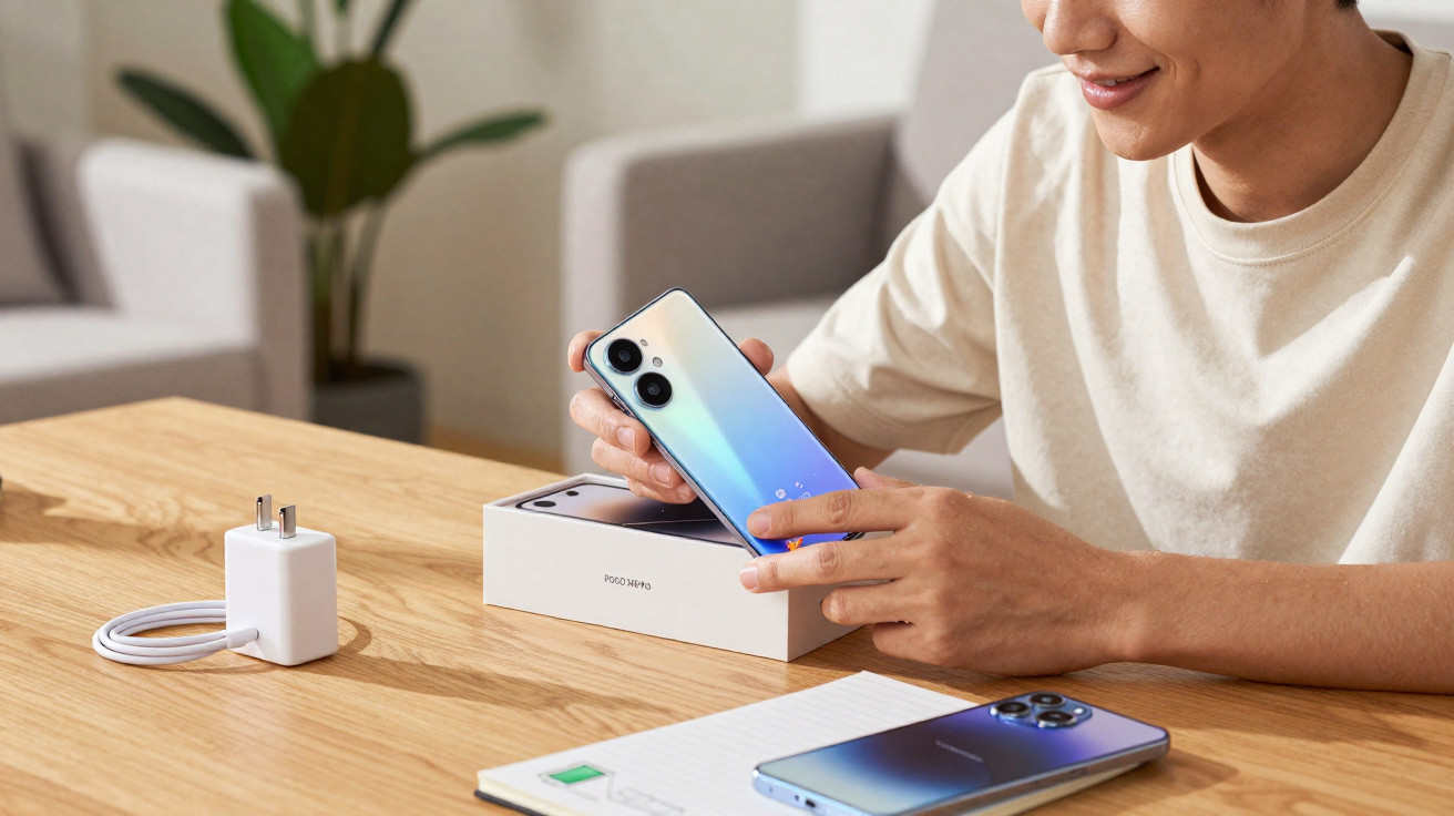 Person holding a silver smartphone above its box on a wooden table with charger and another phone nearby.