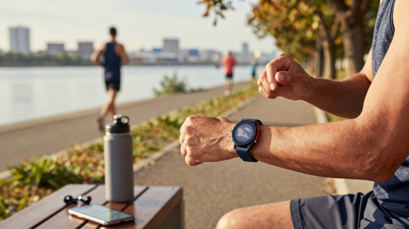 Man checking smartwatch while sitting on bench by riverside path with joggers and city skyline in background