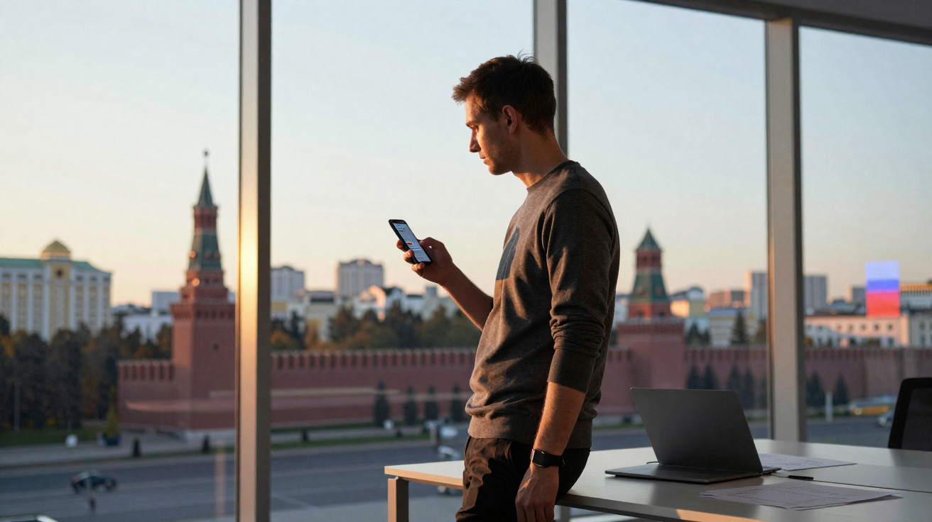 Man standing by a window in an office, looking at his smartphone with a cityscape and historic buildings outside.