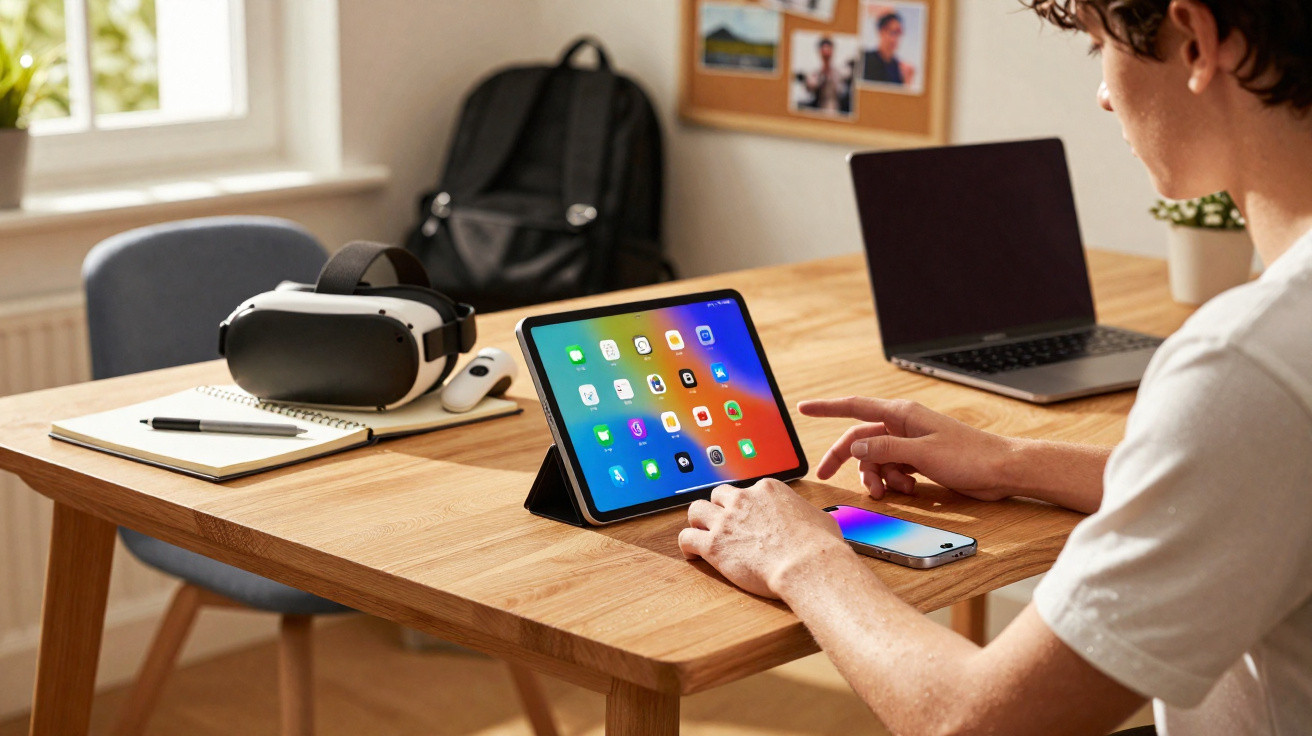 Person using a tablet at a wooden desk with a smartphone, laptop, VR headset, and notebook in a bright room.