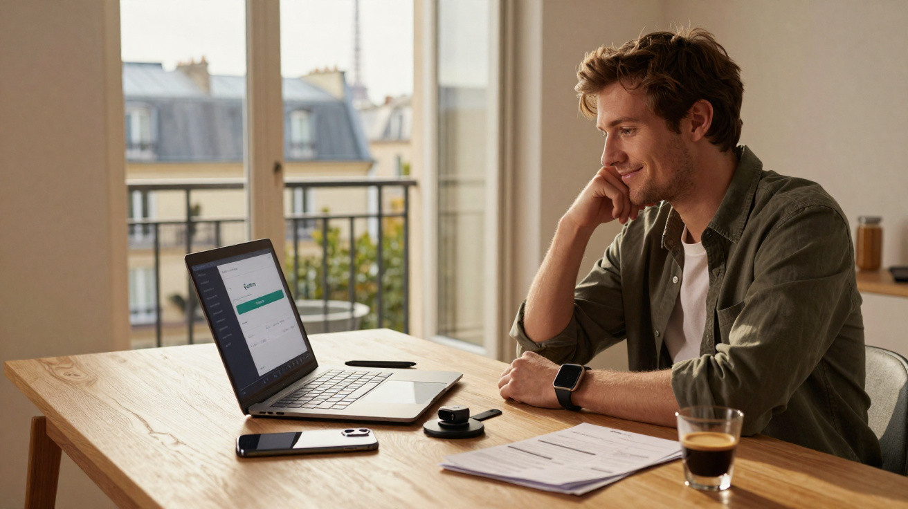 Young man sitting at wooden table, working on laptop by window with coffee and smartphone nearby.