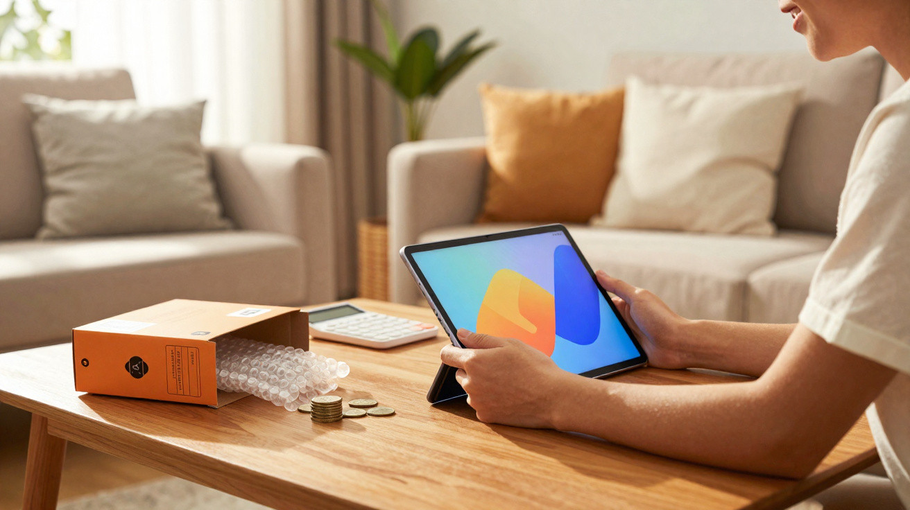 Person using a tablet on a wooden table with a calculator, coins, and an open orange box with bubble wrap in a living room.