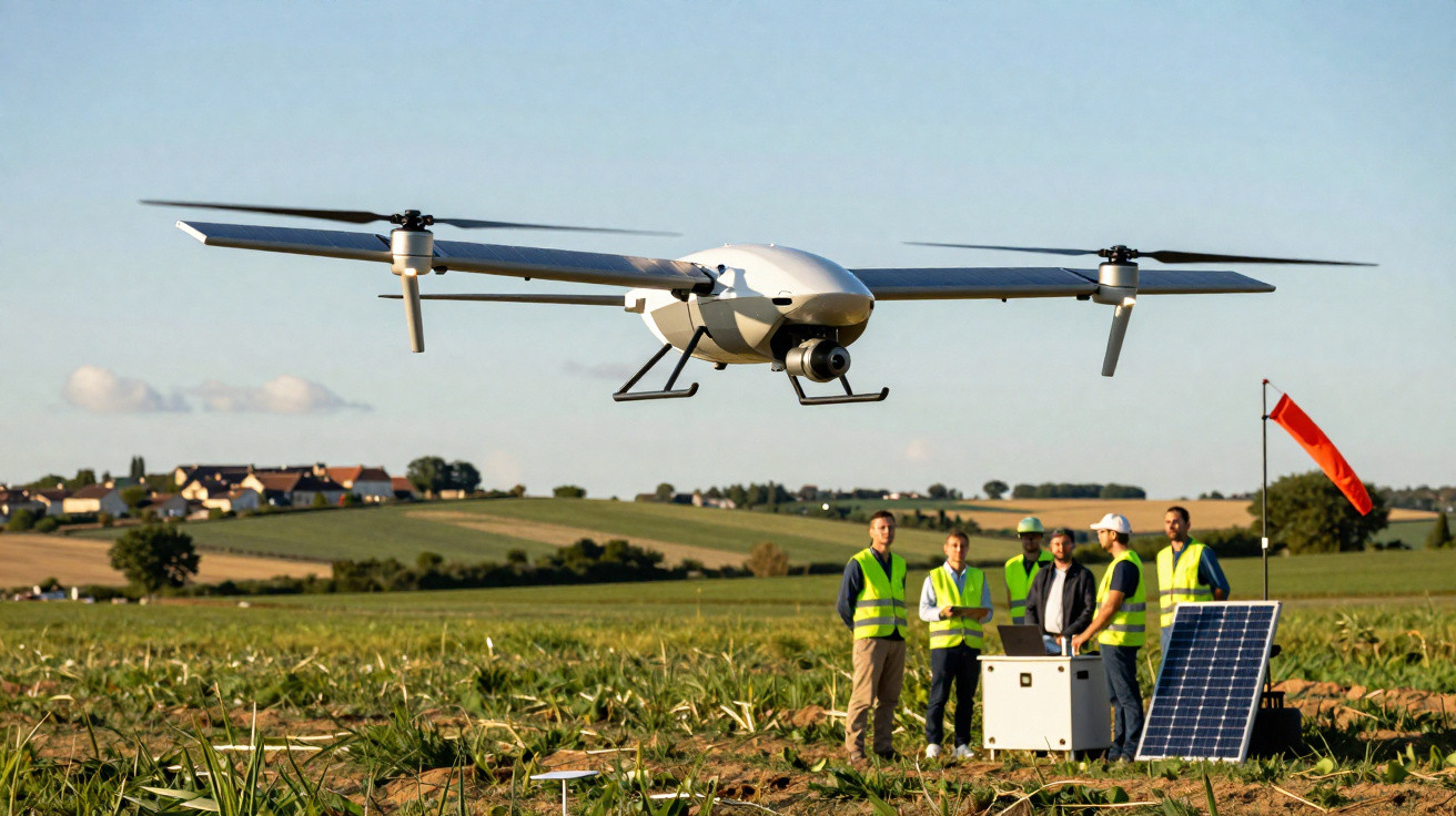Drone flying over farmland with five workers in high-visibility vests near solar panel and equipment.