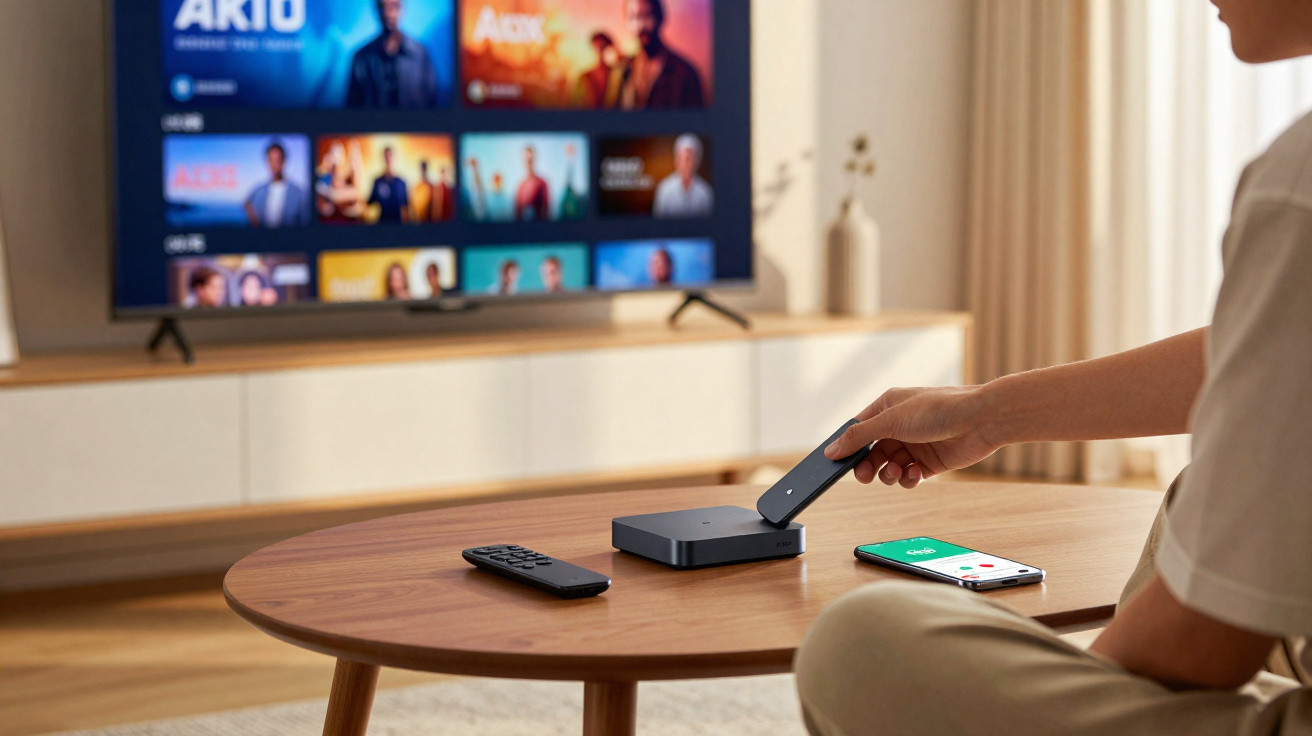 Person holding remote control towards a TV streaming device on a wooden table with a TV and phone nearby.