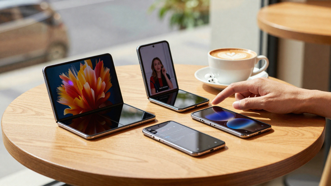 Four foldable smartphones on a wooden table with a hand touching one and a cup of cappuccino nearby.