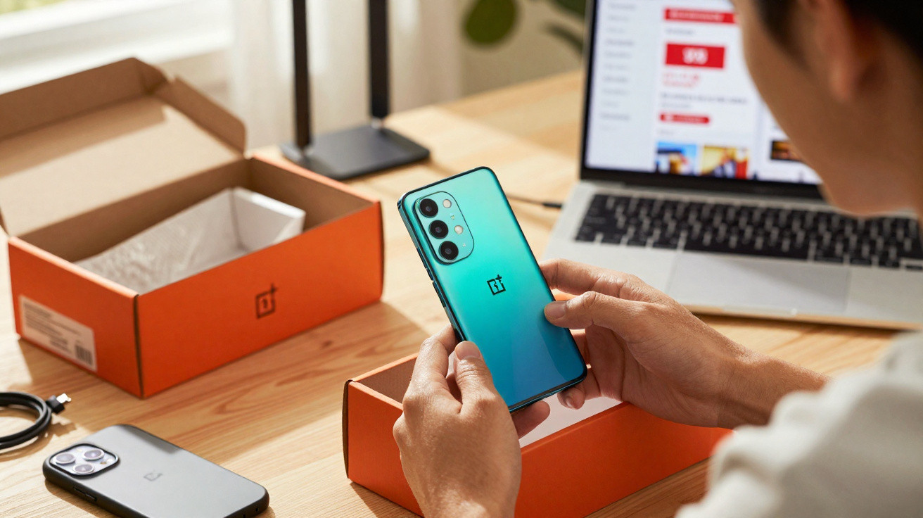 Person unboxing a green OnePlus smartphone next to a laptop on a wooden desk with orange OnePlus boxes.