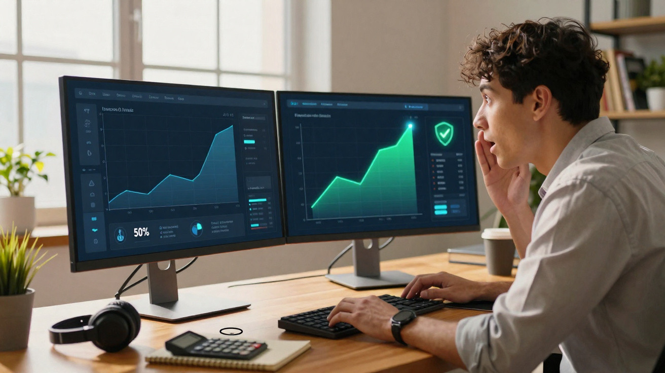 Young man analysing rising graphs on dual monitors at a wooden desk in a home office.