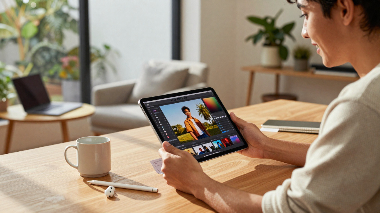 Person editing a photo on a tablet at a wooden table with a mug, stylus, and earbuds nearby.