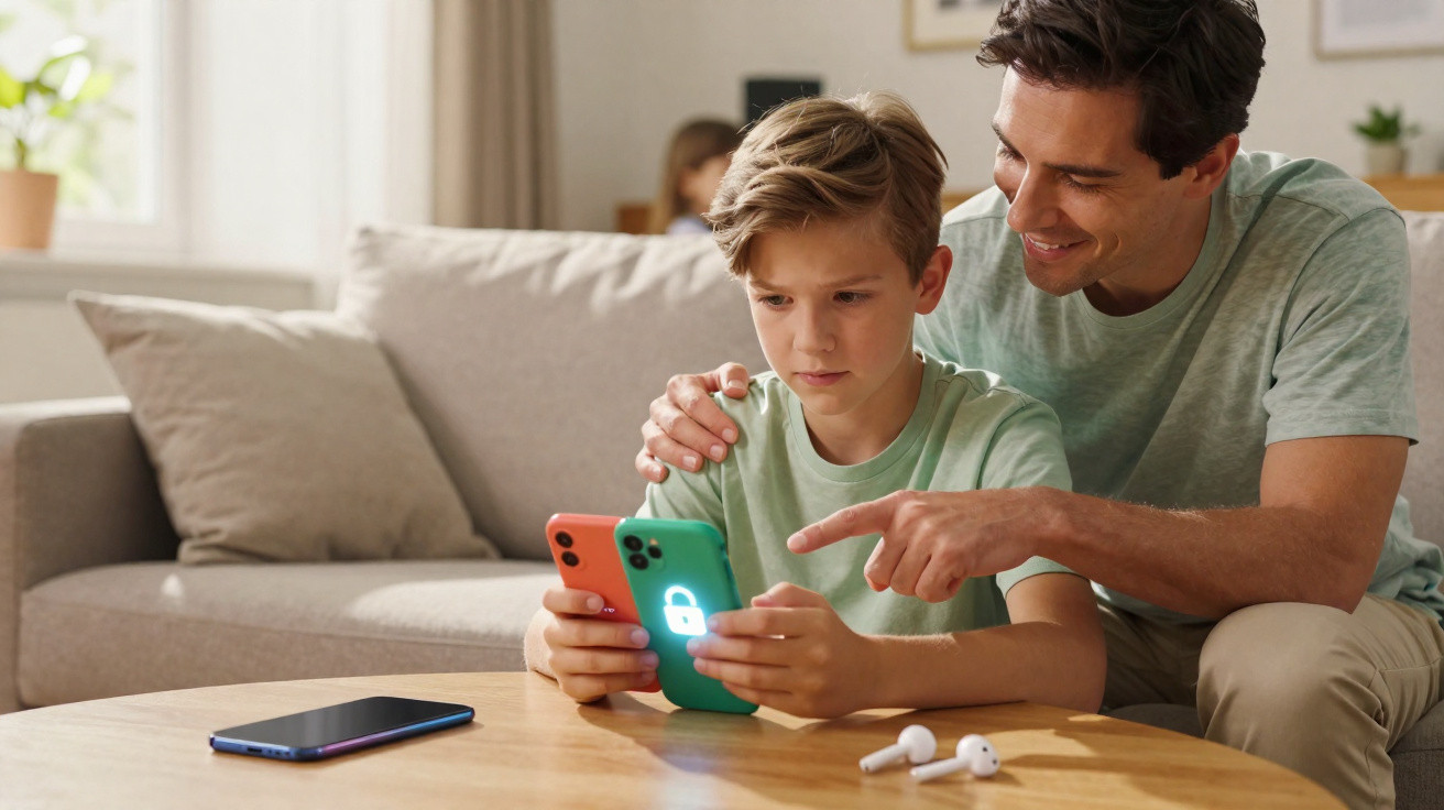 Father teaching son about phone security while sitting on a sofa in a living room.