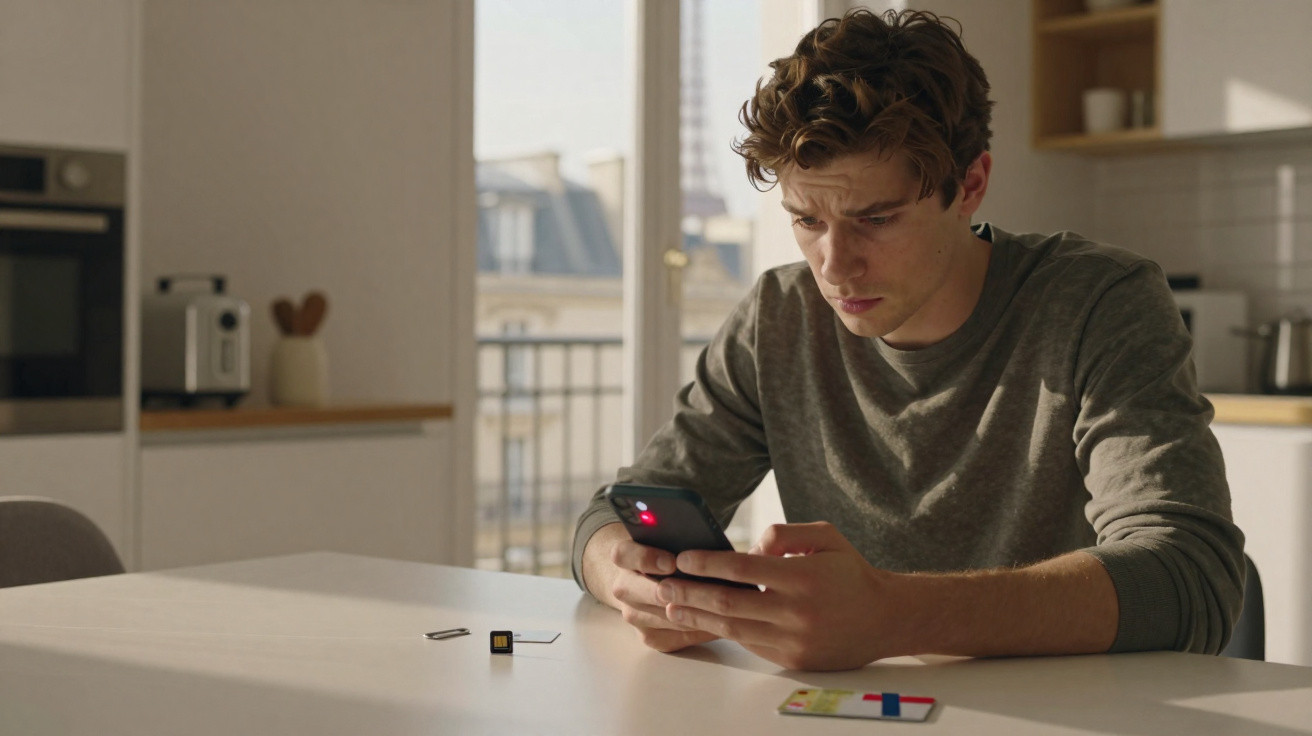 Young man sitting at a kitchen table, looking intently at his smartphone, with SIM card and tray on the table.