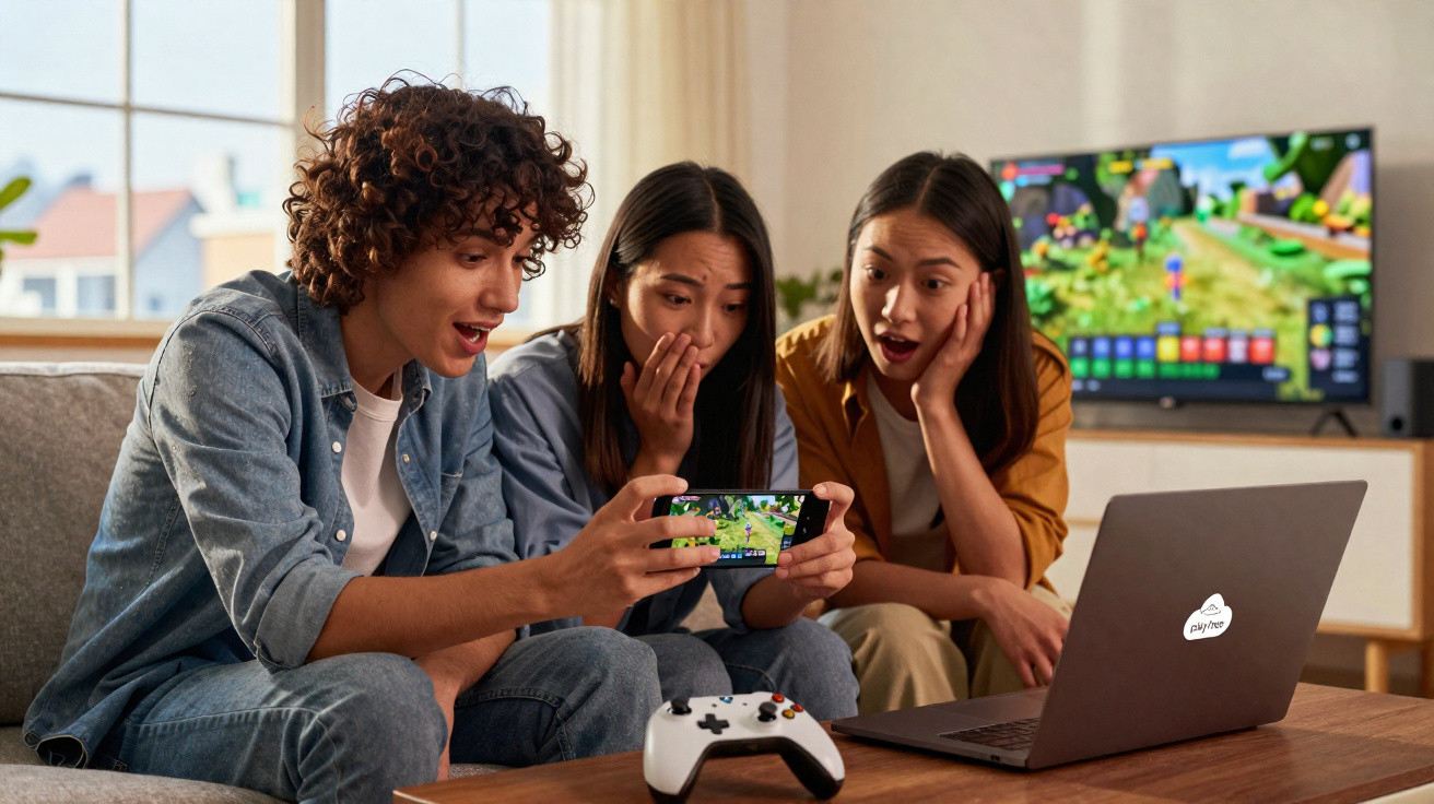 Three friends sitting on a sofa excitedly watching a mobile game with a laptop and controller on the table.
