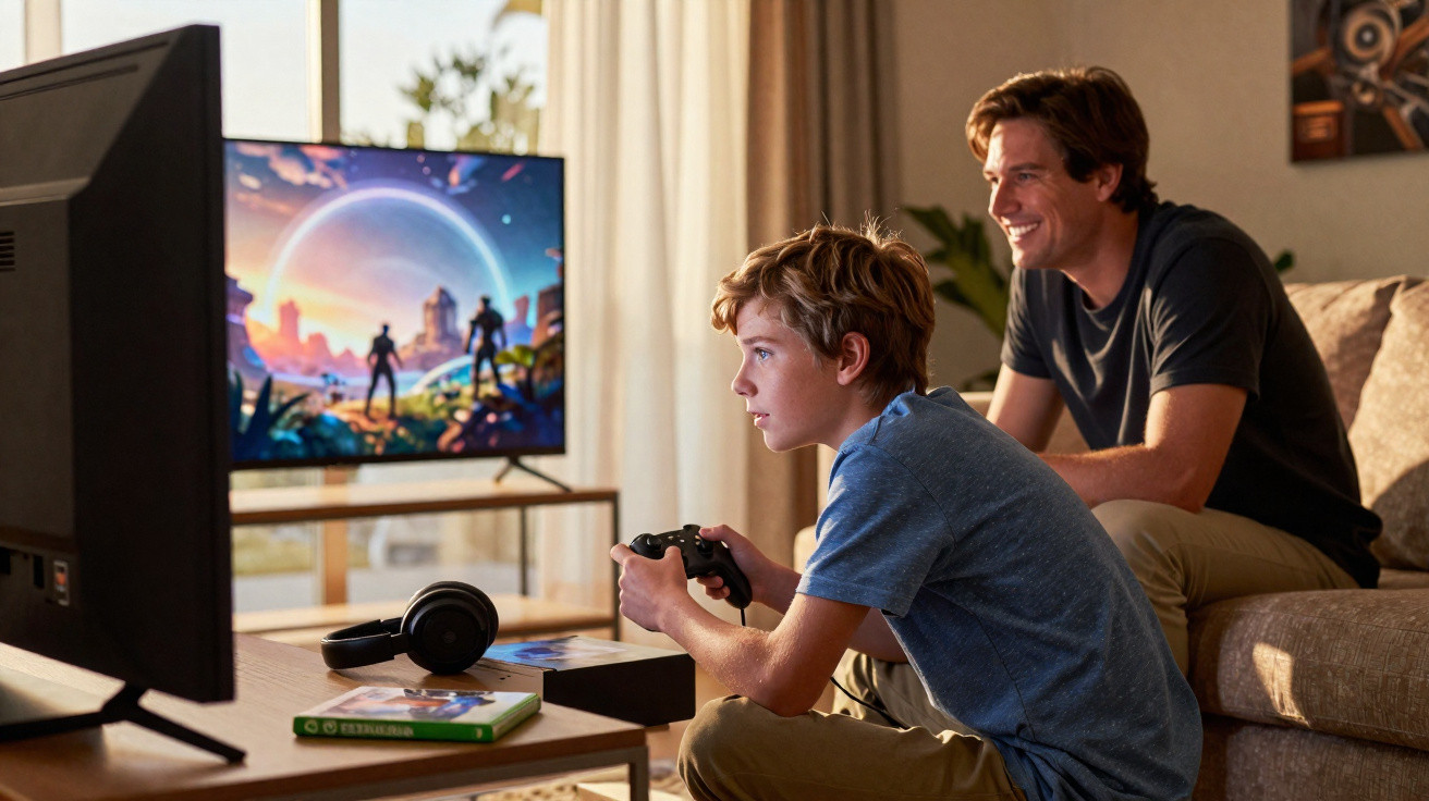 Young boy intensely playing video games with a man smiling beside him on a sofa in a cozy living room.