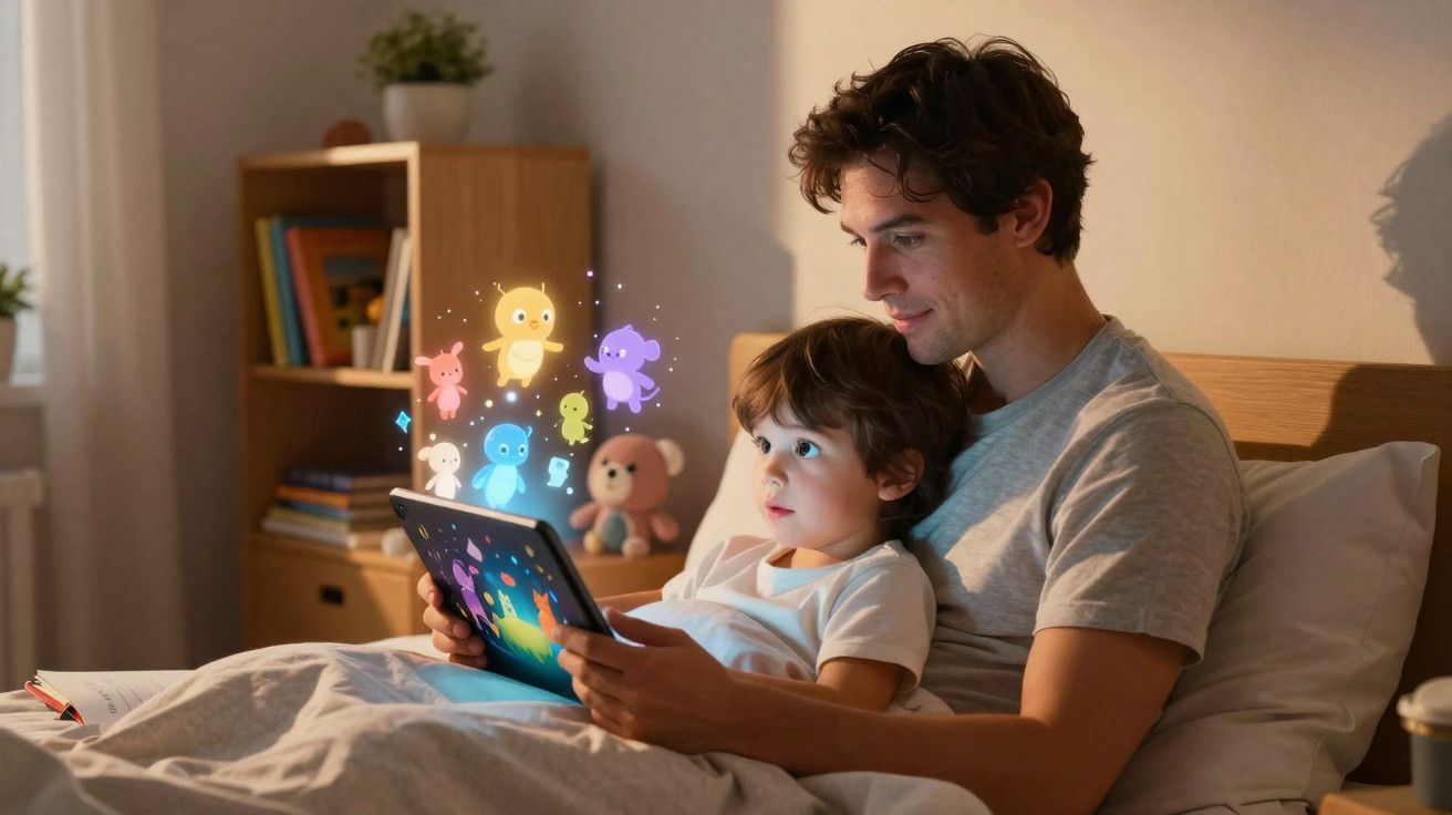 Father and son in bed watching magical animated creatures on a tablet screen together.