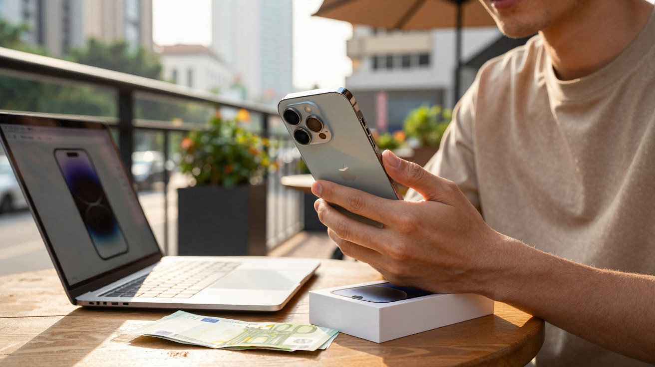 Person holding a new smartphone over its box on a table with a laptop and euro notes outdoors.