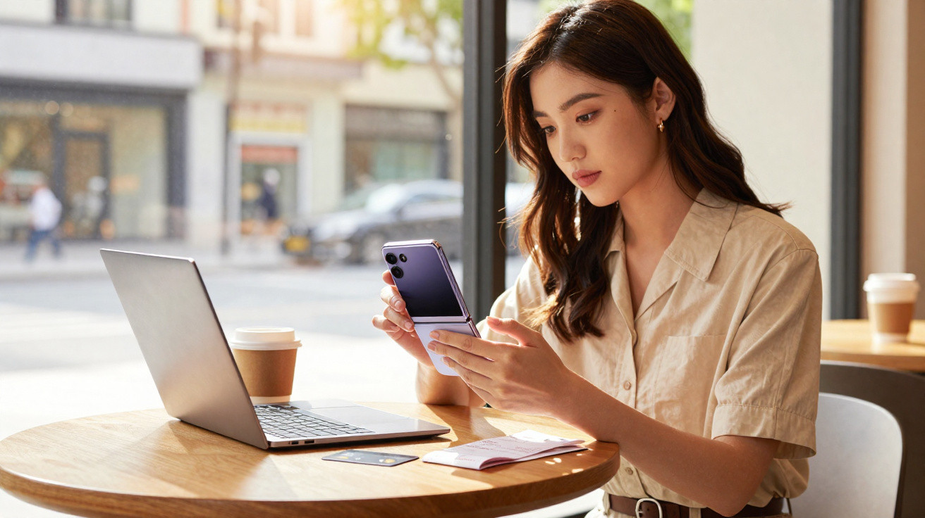 Young woman sitting at a cafe table, using a foldable smartphone with a laptop and coffee nearby.