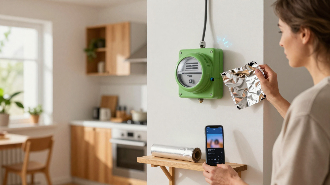 Person scanning foil near a smart meter on a kitchen wall using a smartphone.