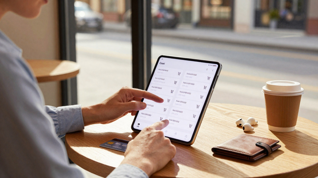 Person using a foldable tablet to shop online at a café table with coffee, wallet, earbuds, and a credit card.