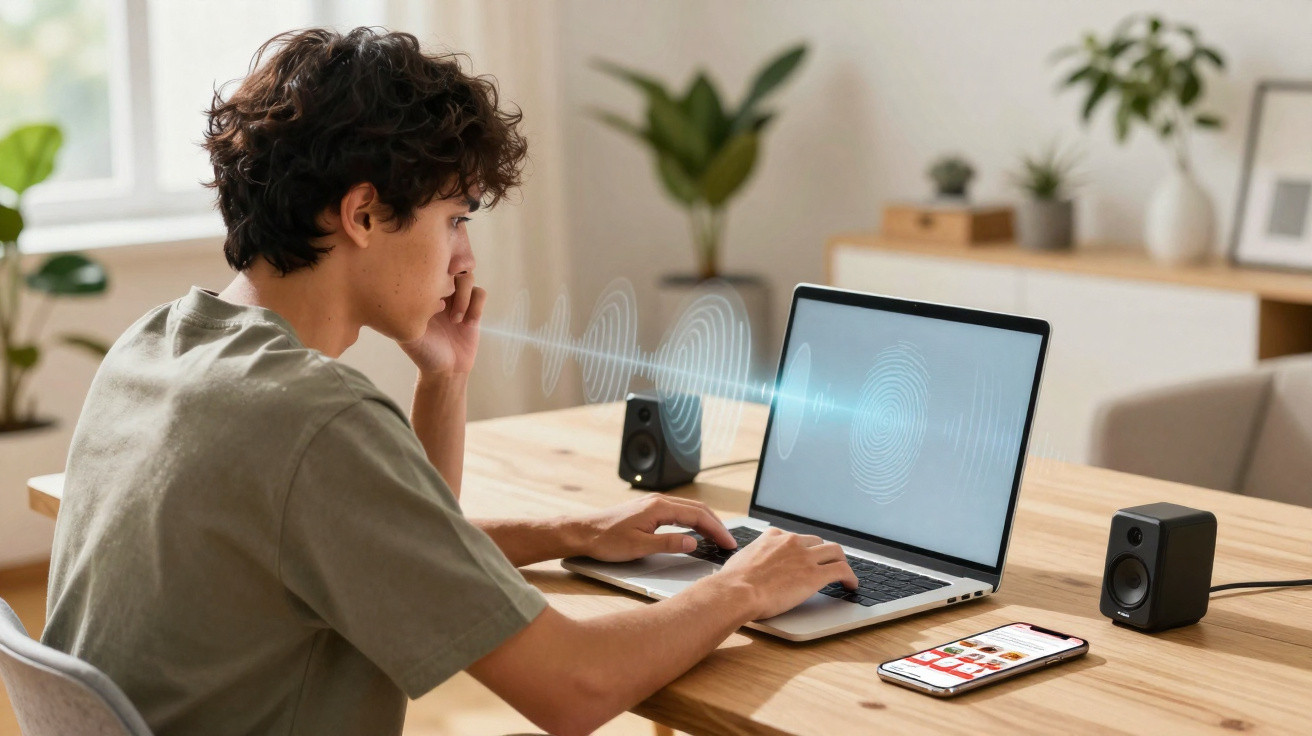 Young man using voice recognition on laptop at wooden desk with smartphone and speakers nearby in bright room.