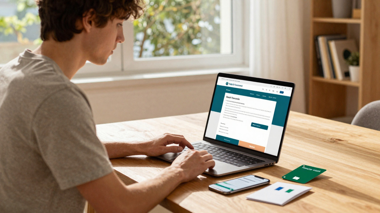 Young man using laptop and smartphone for online banking at wooden table near window