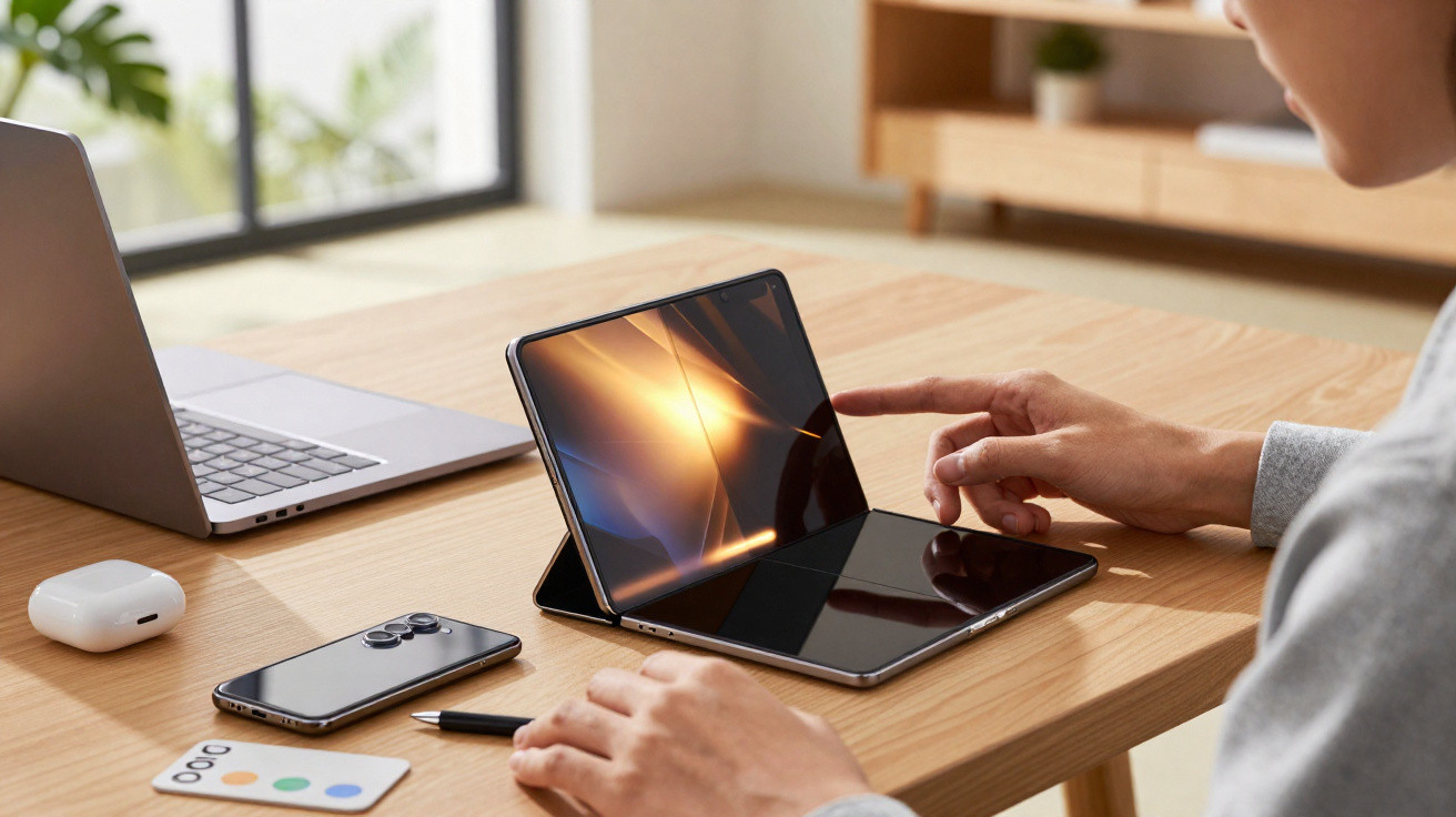 Person interacting with a foldable tablet on a wooden desk alongside a laptop, smartphone, and wireless earbuds case.