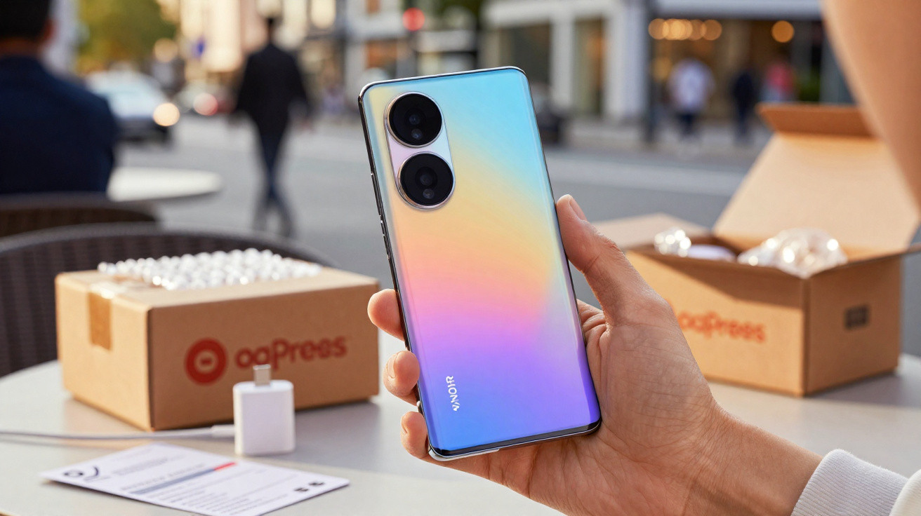 Hand holding a iridescent Honor smartphone with dual rear cameras on an outdoor table with packaging box.
