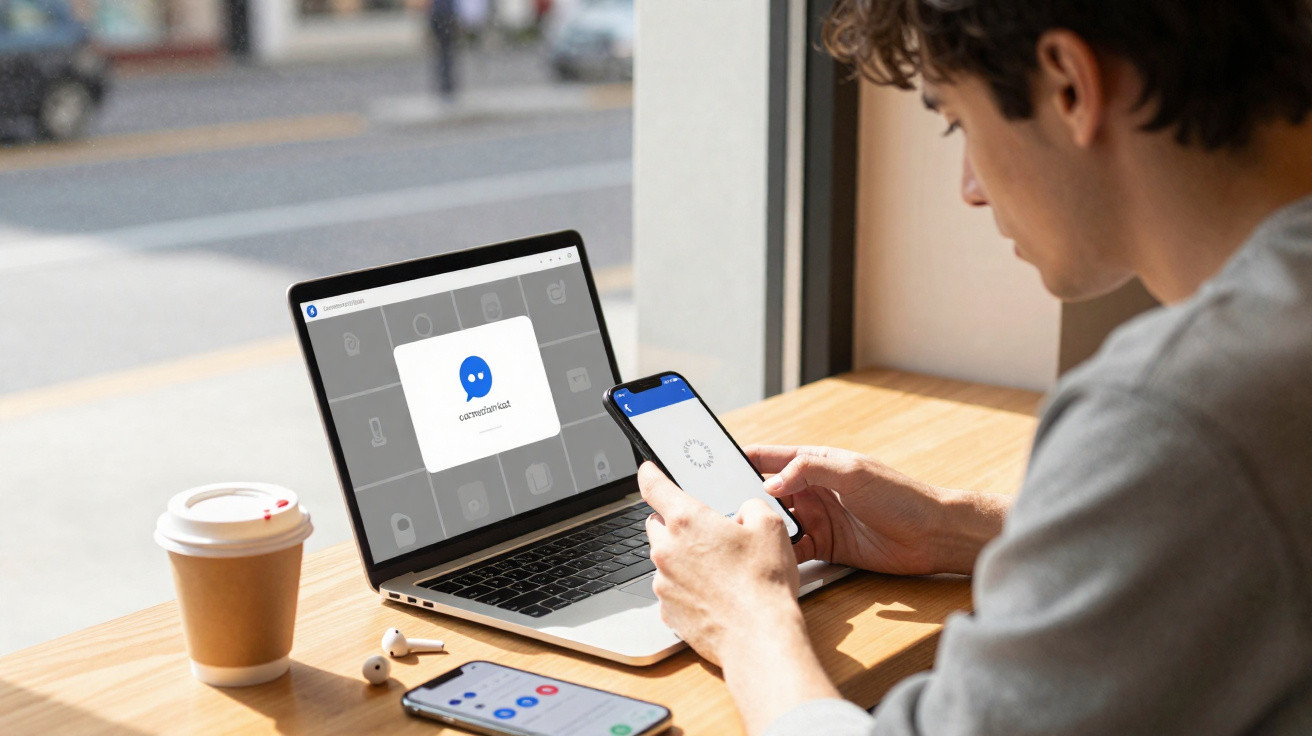 Person using a smartphone and laptop with communication app, coffee cup and wireless earbuds on wooden table by window.