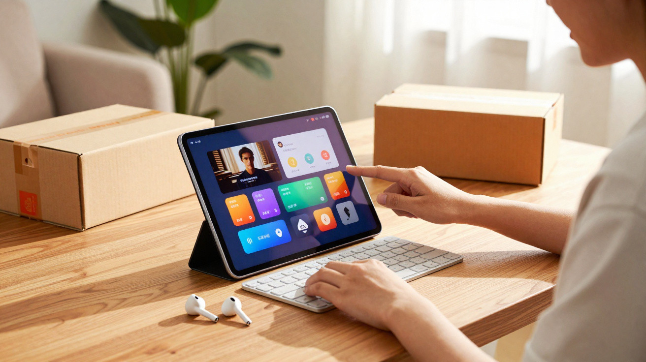 Person using tablet with colourful smart home controls and video call, wireless keyboard and earbuds on wooden table.