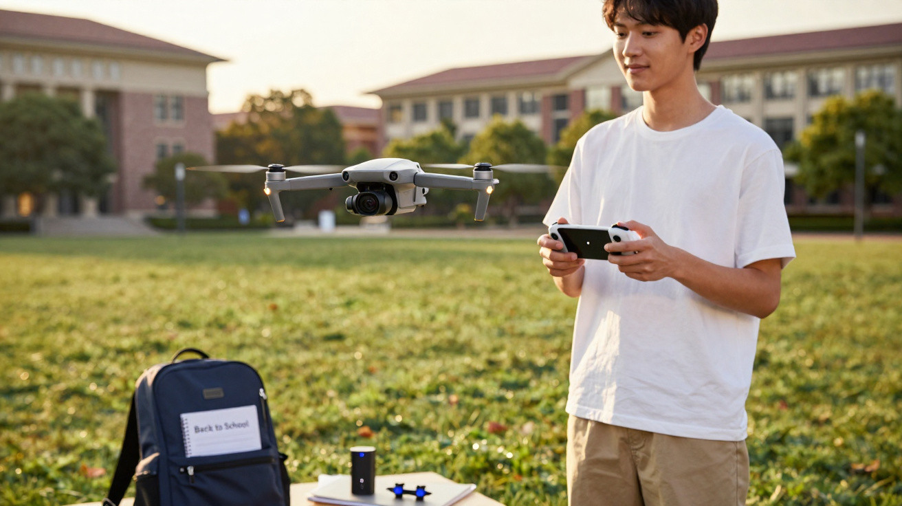 Young man operating a drone with a remote controller in a park near school buildings on a sunny day.