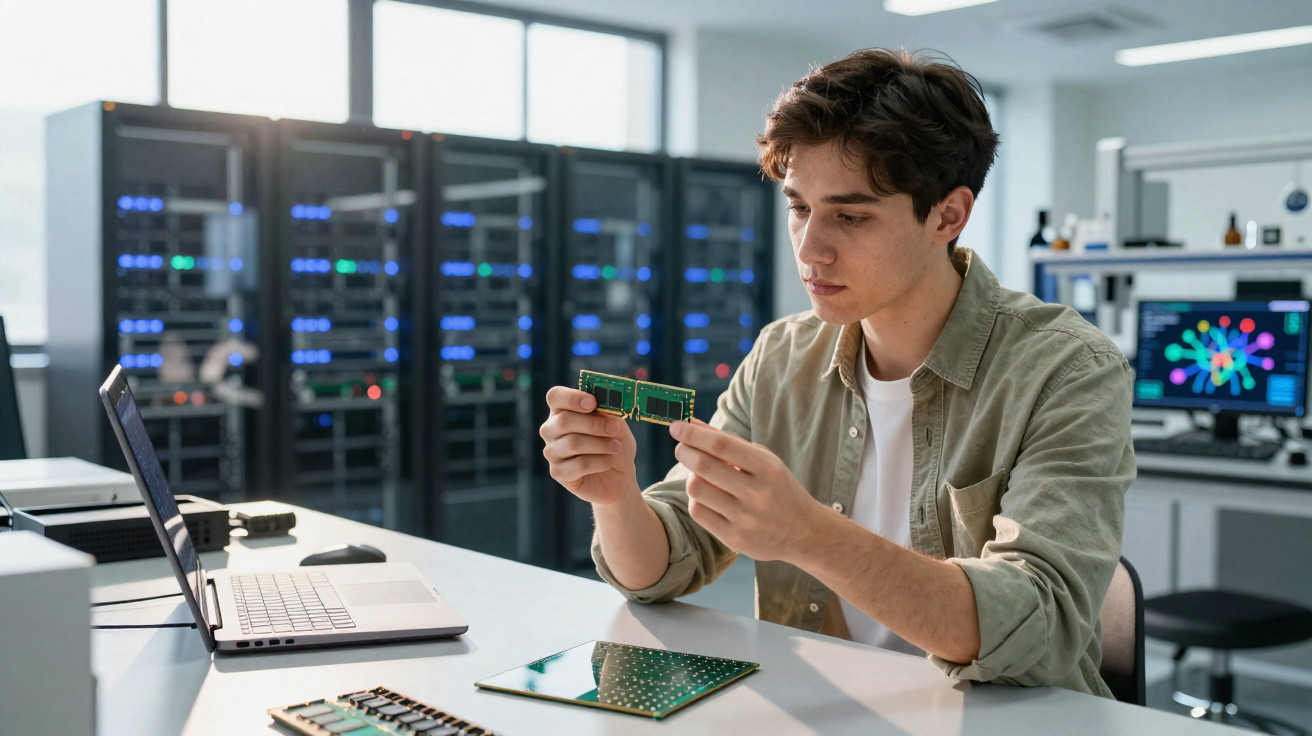 Young technician examining a computer memory module in a server room with multiple monitors and laptops.