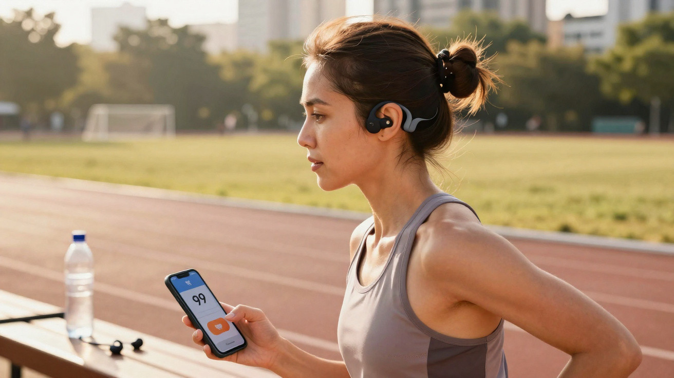 Woman in sportswear checking heart rate on smartphone while wearing wireless earphones at outdoor running track.