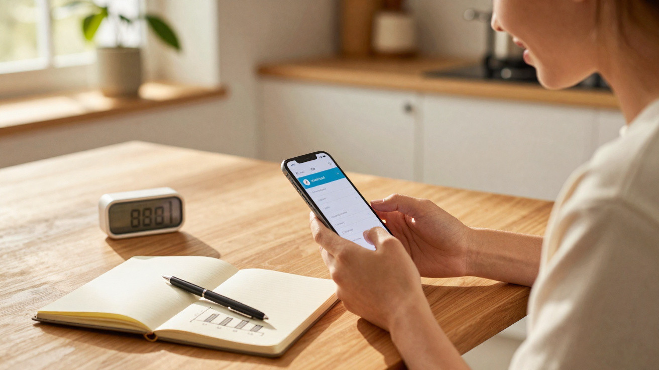 Person holding smartphone and working at a wooden table with notebook and digital clock in a bright room