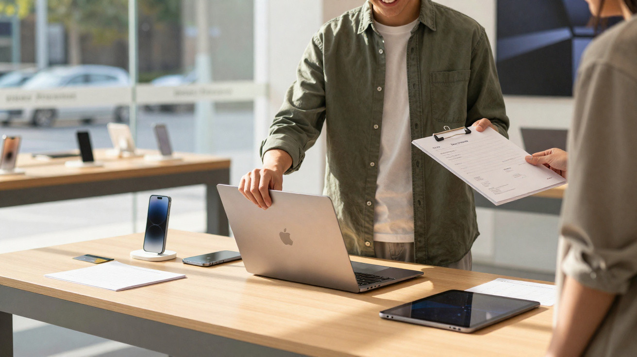Two people at a wooden table with a laptop, smartphone, tablet and documents in a technology store.