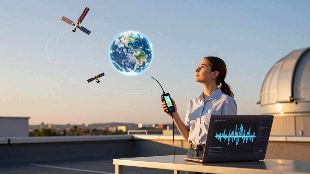 Woman using radio device outdoors with laptop and digital Earth and satellites illustration above.