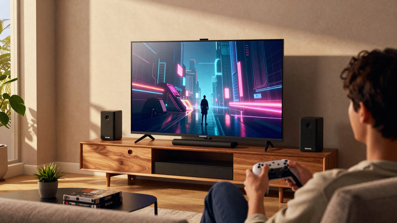 Person playing a futuristic video game on a large TV in a modern, sunlit living room.