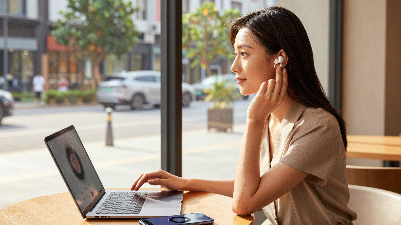 Woman wearing wireless earbuds using laptop at a café table by a large window with street view outside.