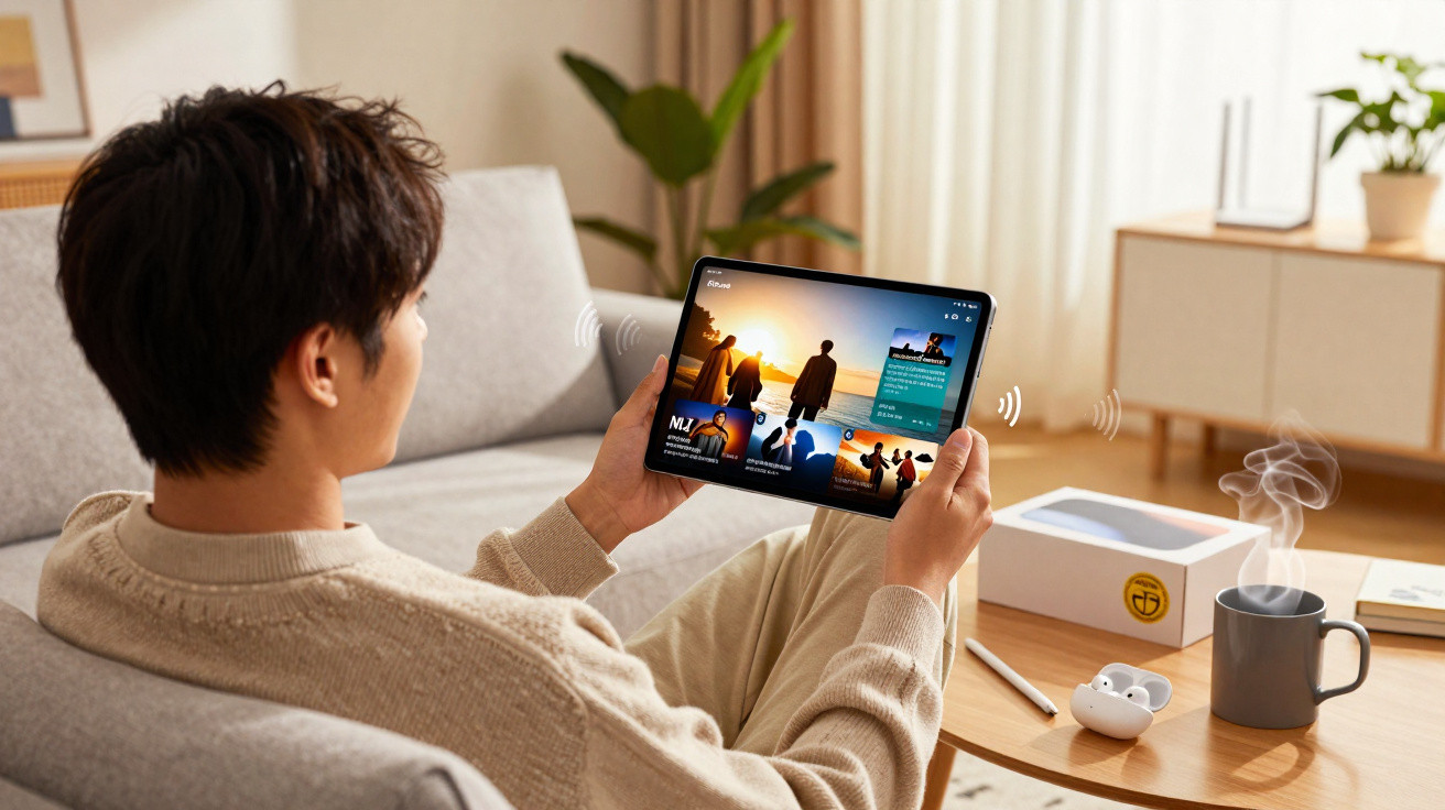 Person sitting on a sofa holding a tablet streaming a show, with a steaming mug and wireless earbuds on the table.