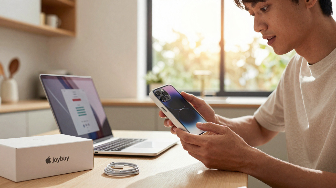 Person holding a new smartphone with laptop, charging cable, and Joybuy box on a wooden table in bright room.
