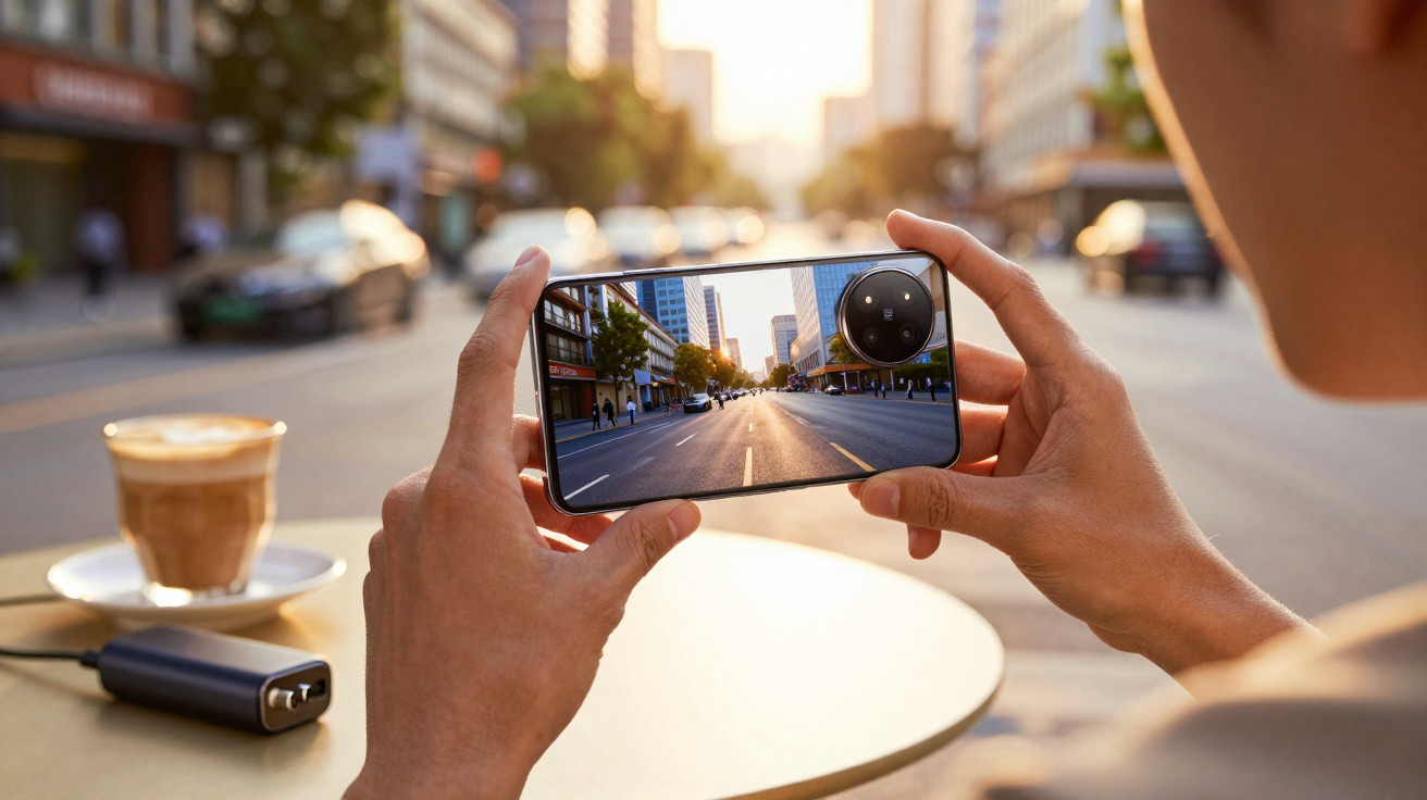 Person holding a smartphone capturing a city street scene at sunset, with a coffee and power bank on the table.