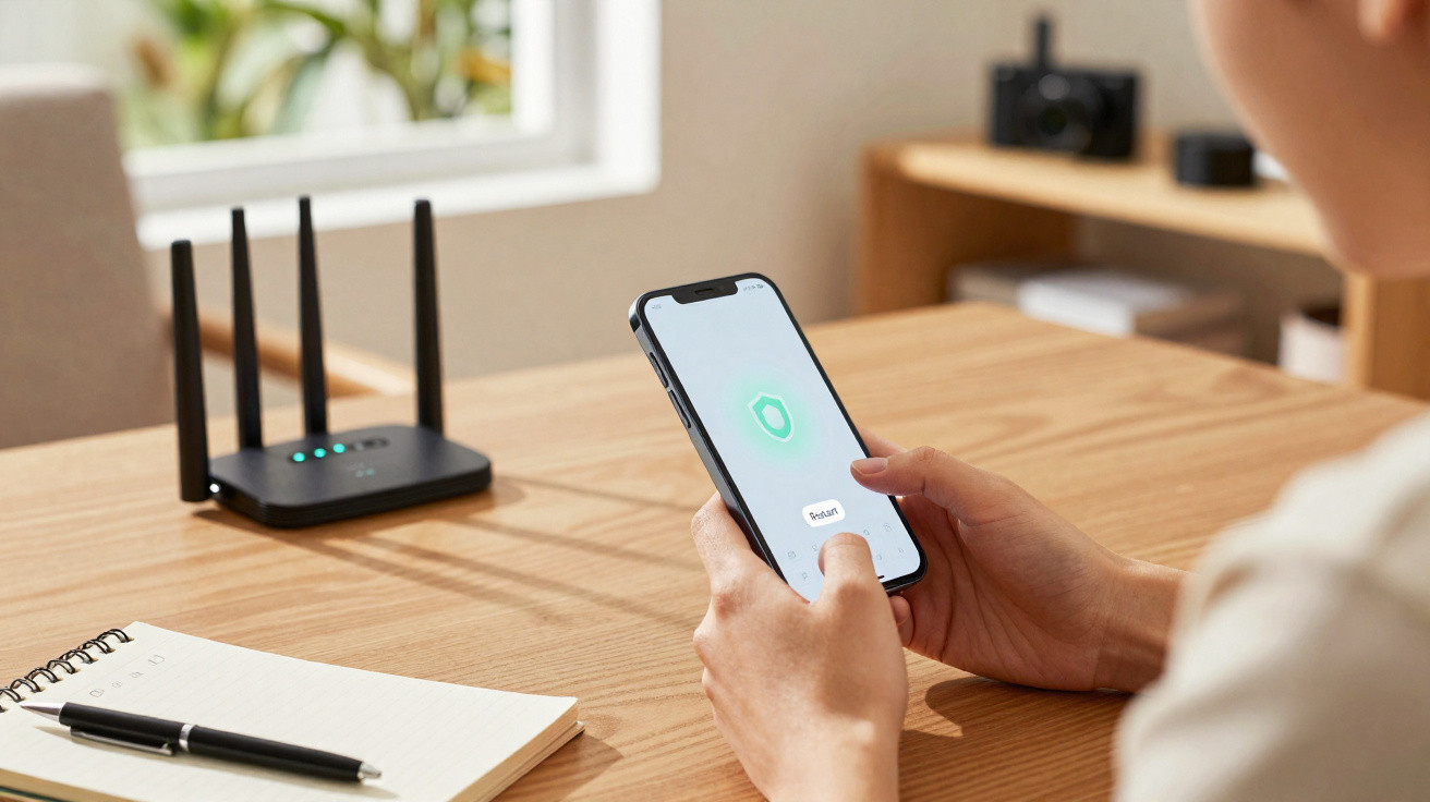 Person holding smartphone displaying security shield icon next to a wireless router on a wooden table.