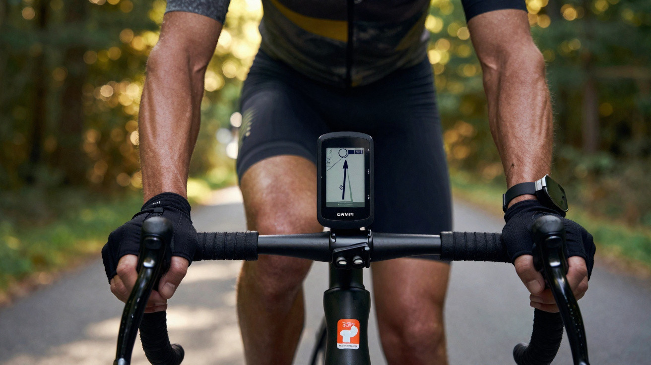 Close-up of cyclist gripping handlebars with GPS device on road bike in a forested area.