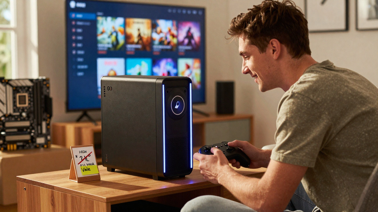 Young man playing video games with a console on a wooden table in a living room.