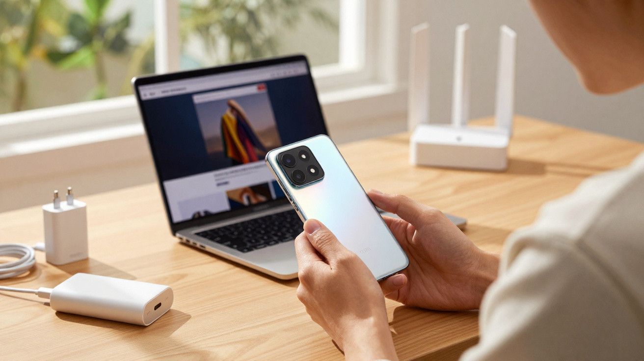 Person holding a smartphone with a laptop displaying a fashion website on a wooden desk.
