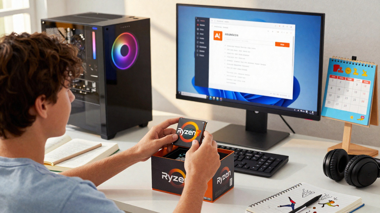 Person holding a Ryzen CPU box while sitting at a desk with a computer and calendar in the background.