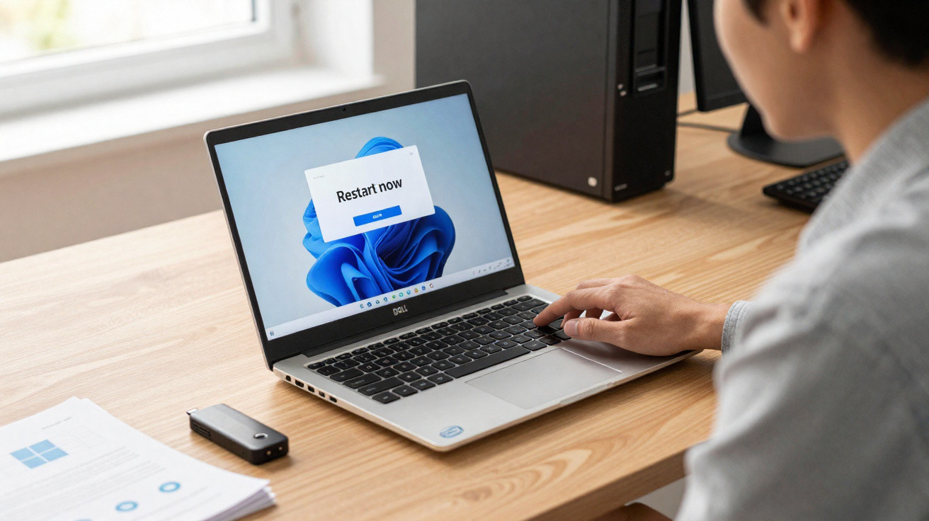 Person using a Dell laptop displaying a Windows update prompt saying "Restart now" on a wooden desk.
