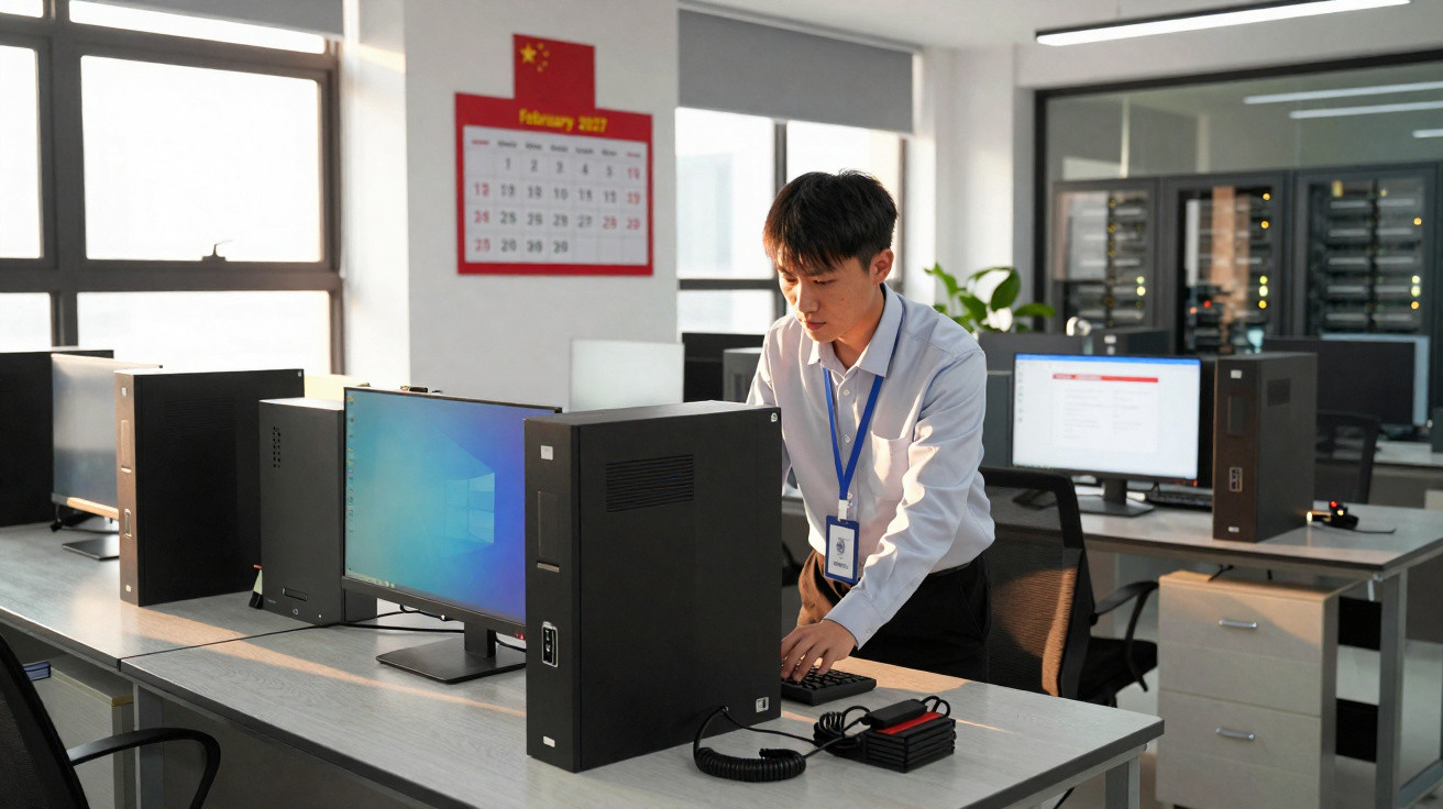Man working on a desktop computer in a modern office with a February 2022 calendar on the wall.