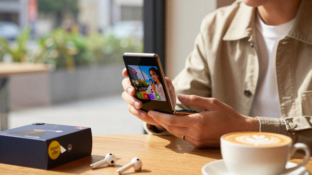 Person using a foldable smartphone at a table with a cappuccino, wireless earbuds, and a box on the side.