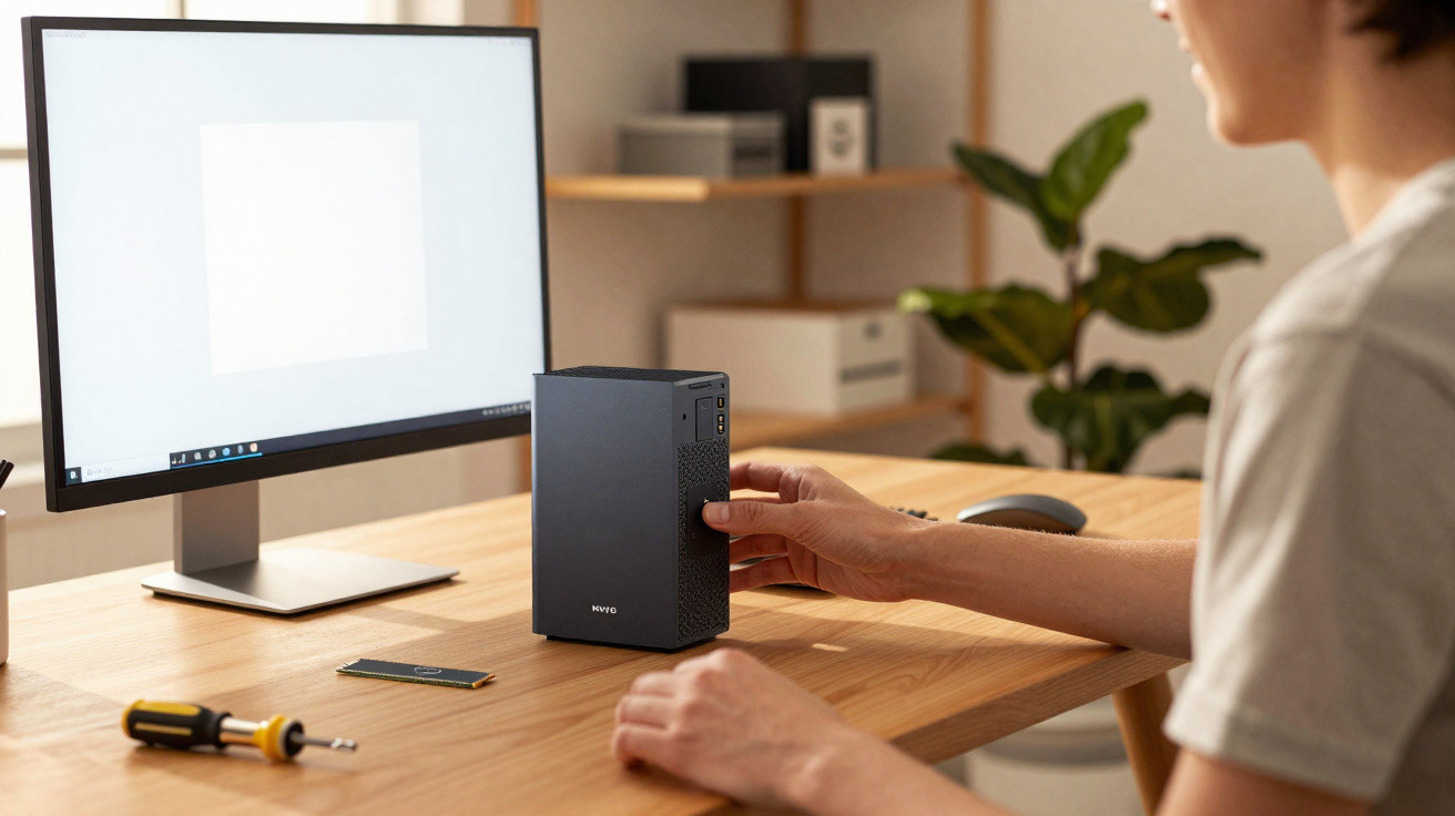 Person assembling a small desktop PC tower on a wooden desk beside a monitor and tools in a home office.