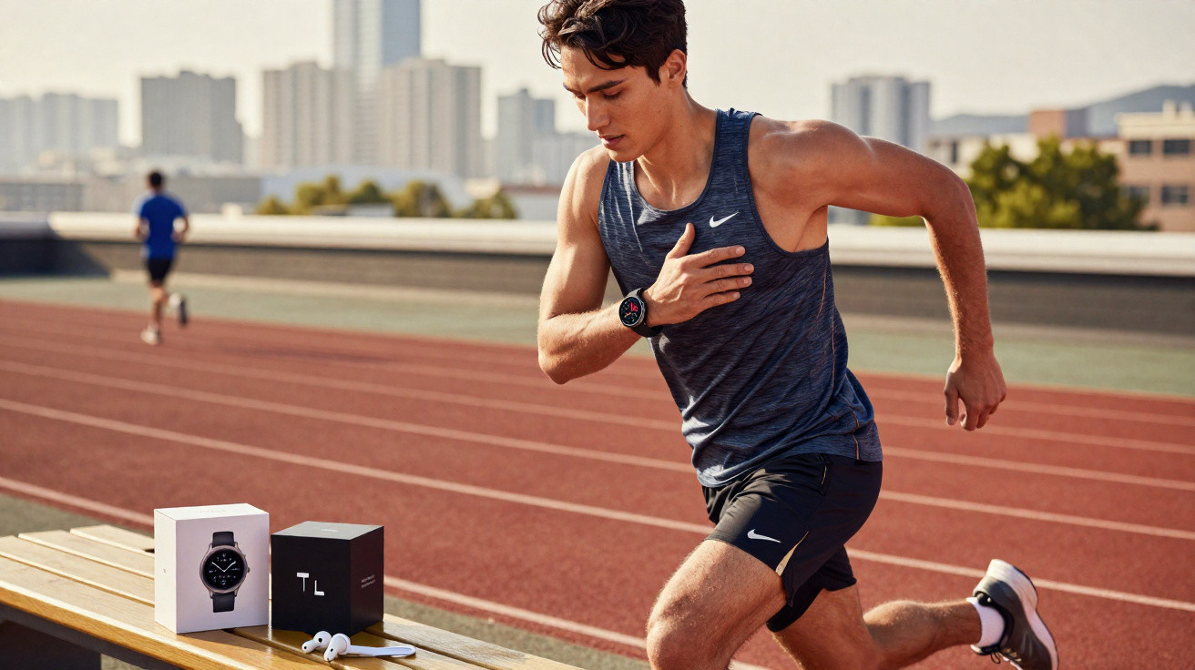 Male athlete sprinting on outdoor track wearing a fitness smartwatch with product boxes on a bench nearby