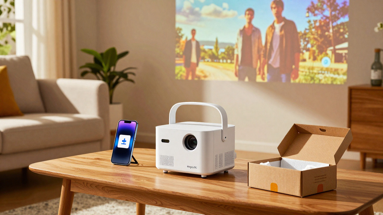 Compact white projector on a wooden table projecting a movie on a wall in a cosy living room.